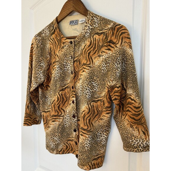 Vintage IRKA Womens Cardigan Medium Silk Blend Knit Animal Print Leopard Cheetah - Picture 2 of 11